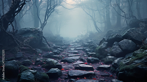 A pebble strewn path leading through misty forest, cool color palette sense mystery. 3D rendering photo