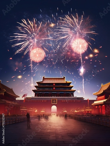 Magnificent Tian 'anmen Square, Gift bag, Fireworks, Fairy light, Stars, Starry Red Sky, Matte painting by Michael James Smith, CG rendering, Volume Light, Space Art with generative ai photo