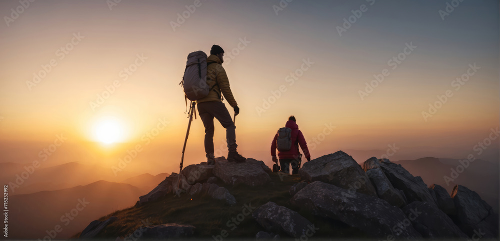 Fototapeta premium Hiker helping friend reach the mountain top, over the sunrise