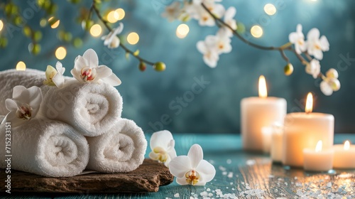 Concept of a spa beauty treatment background with calming and relaxing elements such as candles  massage stones  and aromatic flowers