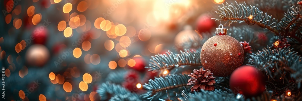 Fototapeta premium Decorated Christmas Tree Close Details Lights, Background HD, Illustrations