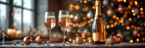 Decorated Bottles Champagne On Festive Table, Background HD, Illustrations © Cove Art