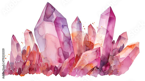 A mystical rose quartz crystals, Watercolor isolated on white background, Watercolor Clipart painting, high quality, HD, children's book illustrations, white background photo