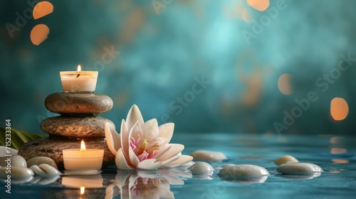 A soothing spa beauty treatment backdrop featuring calming elements such as candles, massage stones, and aromatic flowers