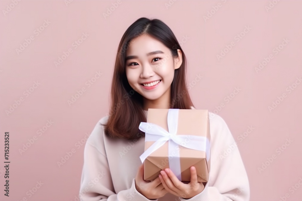 A young Asian woman is cheerfully holding a present. A young Asian woman is cheerfully holding a present.