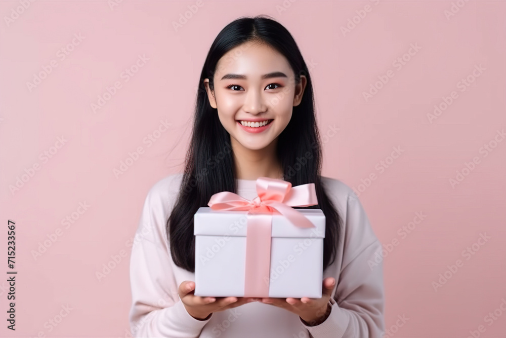 A young Asian woman is cheerfully holding a present. A young Asian woman is cheerfully holding a present.