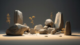 A 3D rendered minimalist rock garden, each stone texture a testament to nature diversity