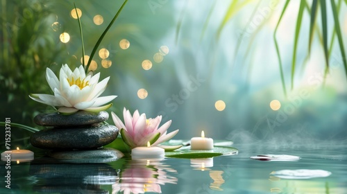 Concept of a spa beauty treatment background with calming and relaxing elements such as candles, massage stones, and aromatic flowers photo