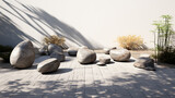 A 3D rendered minimalist rock garden, against a serene grey backdrop
