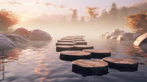 A minimalist setting of stepping stones. 3D rendered photo