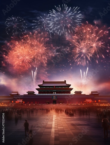 Magnificent Tian 'anmen Square, Gift bag, Fireworks, Fairy light, Stars, Starry Red Sky, Matte painting by Michael James Smith, CG rendering, Volume Light, Space Art with generative ai photo