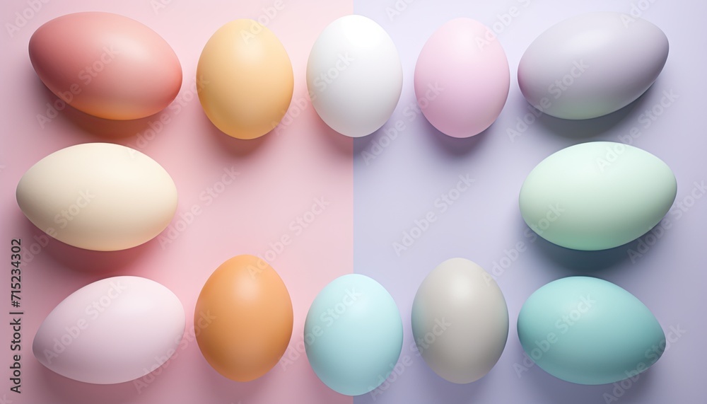 Top view of colorful Easter eggs on soft peach and blue background. Multicolor painted eggs with central space on light surface. Generative AI.