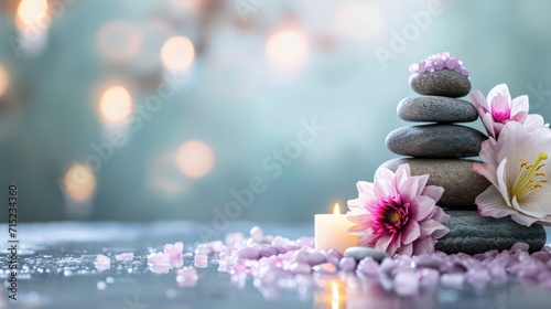 A soothing spa beauty treatment backdrop featuring calming elements such as candles, massage stones, and aromatic flowers
