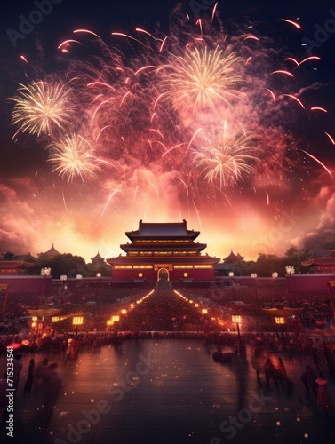 Magnificent Tian 'anmen Square, Gift bag, Fireworks, Fairy light, Stars, Starry Red Sky, Matte painting by Michael James Smith, CG rendering, Volume Light, Space Art with generative ai