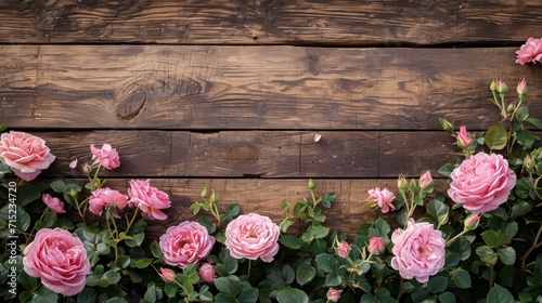 Rustic wood plank with pink roses, ready for banner, copy space or background,