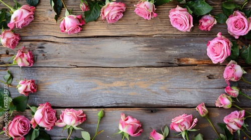 Rustic wood plank with pink roses, ready for banner, copy space or background,