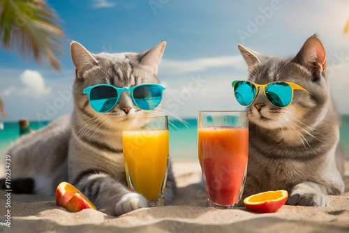 couple of cats wearing glasses with fresh juice and fruits on beach background,summer concep
