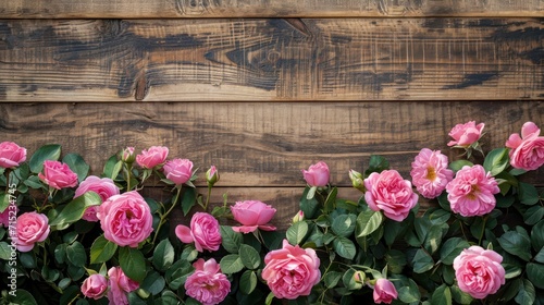 Rustic wood plank with pink roses, ready for banner, copy space or background,