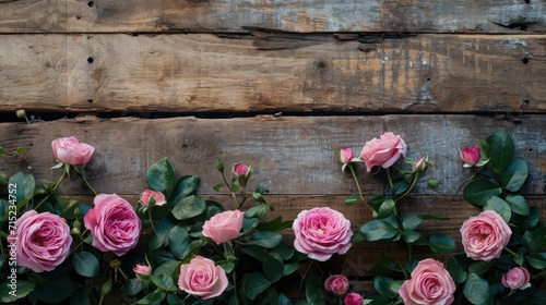 Rustic wood plank with pink roses, ready for banner, copy space or background,