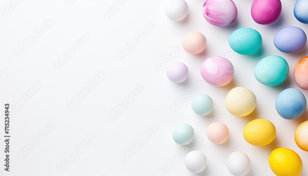 Top view of soft colorful Easter eggs on white background with copy space for text. Multicolor painted eggs on light surface. Generative AI.