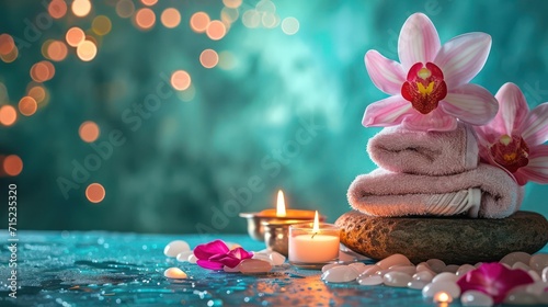 Tranquil spa beauty treatment setting with candles, massage stones, and aromatic flowers, creating a serene and relaxing background photo
