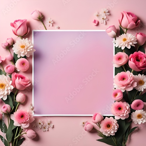 flat lay white postcard with flowers surrounded by on a pink background, ribbon laying aside, template for congratulations on March 8, Valentine's day, women's Day or birthday Generative AI, card  © Ezio