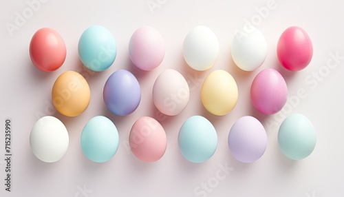 Top view of soft colorful Easter eggs on off-white background. Multicolor painted eggs on light surface. Generative AI.