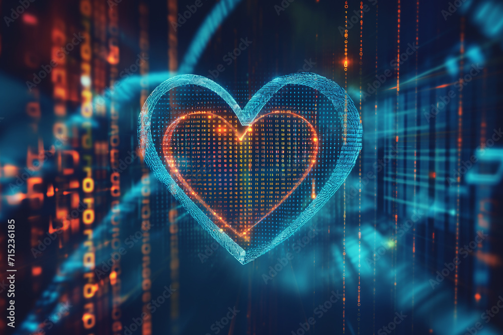 AI communicates love on Valentine's Day.include binary code forming heart shapes, algorithms crafting personalized love messages - obrazy, fototapety, plakaty 
