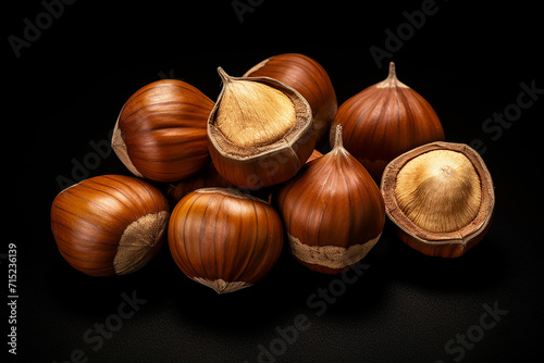 Generative AI Image of Brown Organic Hazelnuts on Black Background