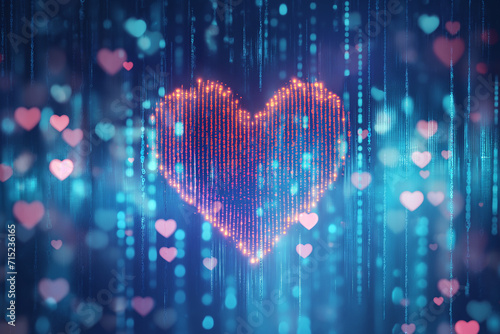 AI communicates love on Valentine's Day.include binary code forming heart shapes, algorithms crafting personalized love messages