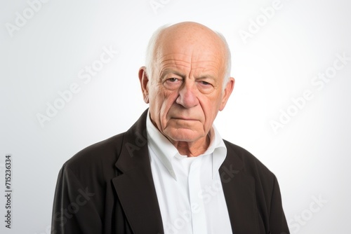 Elderly man with a sad expression on his face on grey background