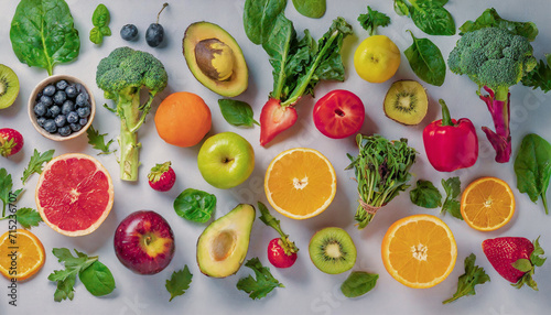 Various fruits  vegetables and berries on a flat surface