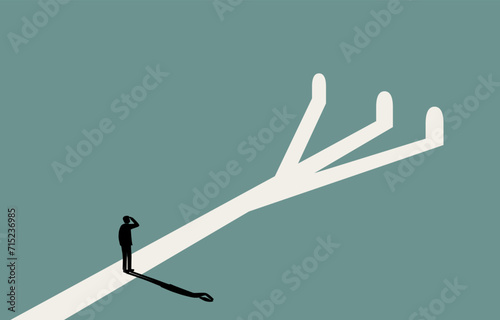 Career opportunity, business decision concept, businessman looking at several doors to decide which one to enter, vector illustration.