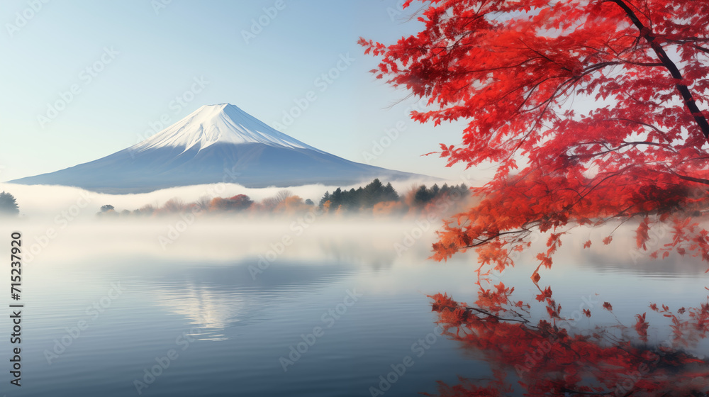 Fuji Mountain Reflection and Red Maple Leaves with Morning Mist in Autumn , Lake Japan