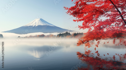 Fuji Mountain Reflection and Red Maple Leaves with Morning Mist in Autumn   Lake Japan
