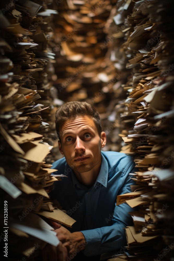 Employee buried under a mountain of documents, signifying a heavy workload and looming deadlines, Generative AI Employee buried under a mountain of documents, signifying a heavy workload and looming deadlines, Generative AI