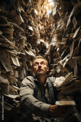Employee buried under a mountain of documents, signifying a heavy workload and looming deadlines, Generative AI © Shooting Star Std