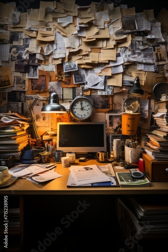 Office desk with a chaotic mix of documents and stationery, symbolizing a hectic work environment, Generative AI