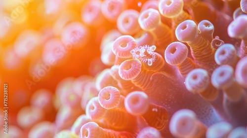 Closeup of a tiny polyp the building block of coral reefs struggling to hold on as the water around it becomes more acidic. Its once vibrant orange and pink color now fade