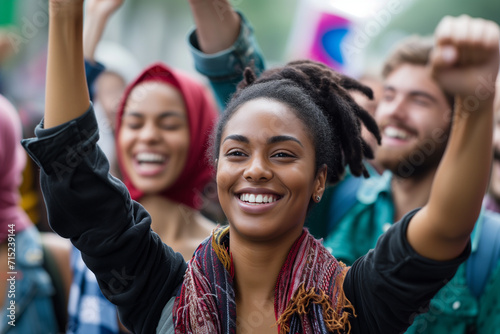 Powerful Image of Multicultural Solidarity as Individuals Raise Their Fists in a Shared Expression of Strength, Equality, and Collective Determination.