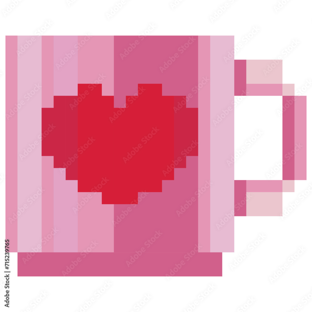 pixel art coffee illustration decorated with Patterned coffee mugs Hearts for Valentine's Day.