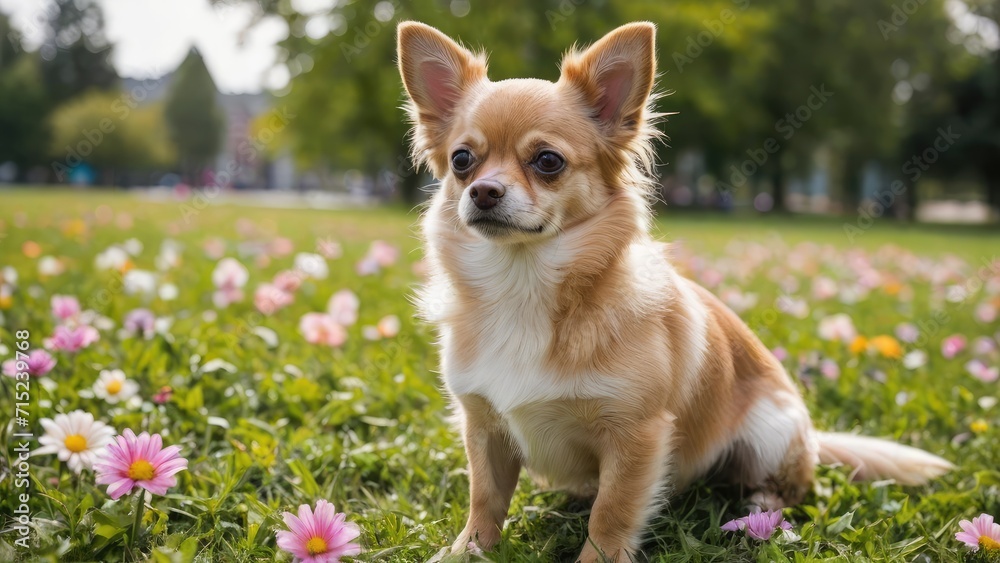 Fawn long coat chihuahua dog in flower field