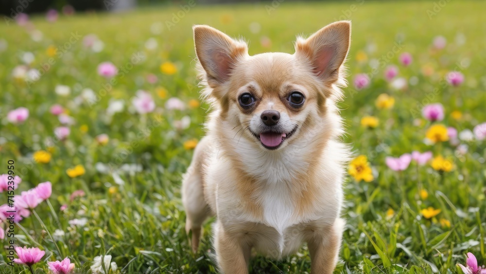 Fawn long coat chihuahua dog in flower field Fawn long coat chihuahua dog in flower field