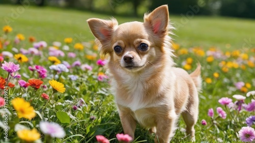 Fawn long coat chihuahua dog in flower field © QuoDesign