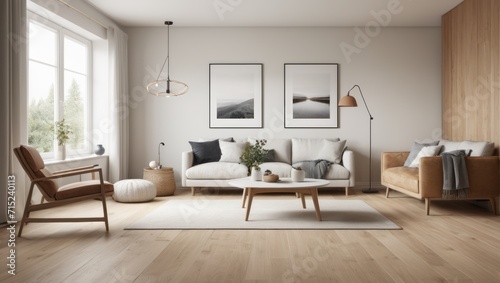 Scandinavian Living Room interior design. 3d render Scandinavian Living Room interior design