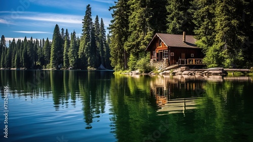 A cabin perched on the edge of a lake