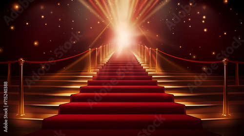 Red carpet on the stairs on dark background, the way to glory, victory and success