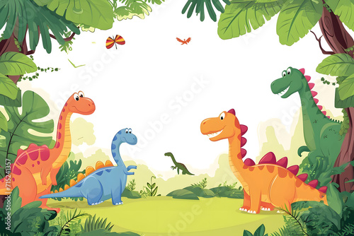 Cute cartoon dinosaur frame border on background. © Pacharee