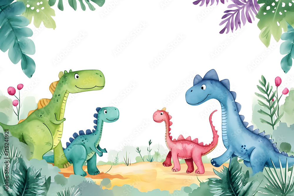 Cute cartoon dinosaur frame border on background in watercolor style. Cute cartoon dinosaur frame border on background in watercolor style.
