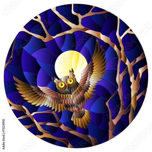 The illustration in stained glass style painting with the fabulous owl in the night starry sky and moon in between the branches of the tree, round image